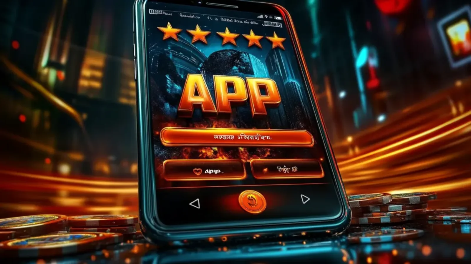 A close-up of a smartphone showcasing a 5-star rated gaming APP. The screen is surrounded by glowing light trails and casino chips, on a dark, high-tech background.