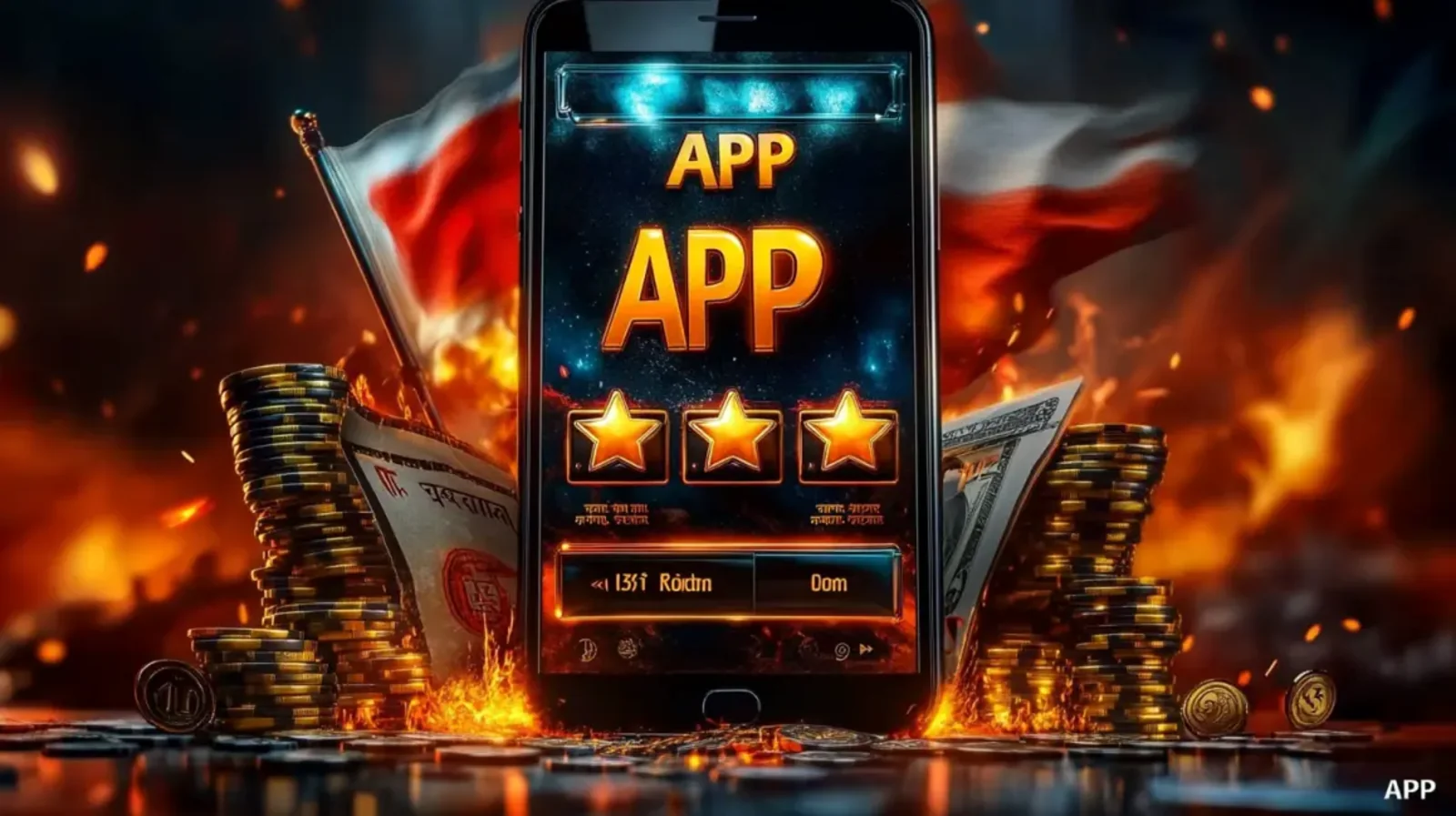 A smartphone displays a gaming APP screen, surrounded by flames, stacks of cash, and gold coins. A national flag is visible in the background, adding to the epic feel.