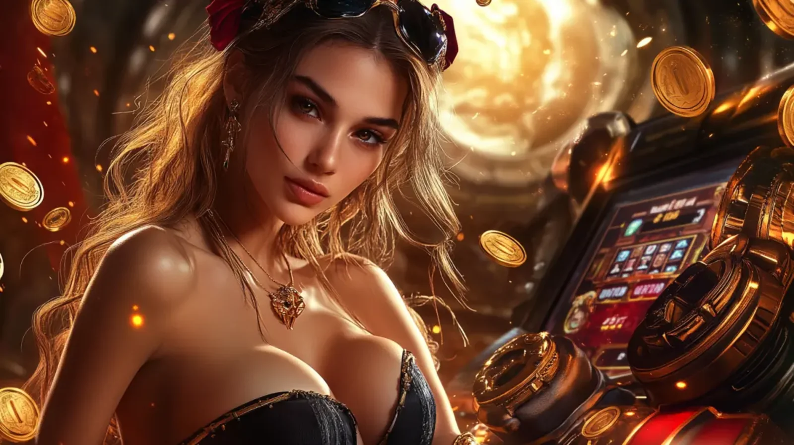 A beautiful woman in a steampunk-inspired outfit with goggles and a corset poses in a golden, industrial-style casino with a slot machine and falling coins.