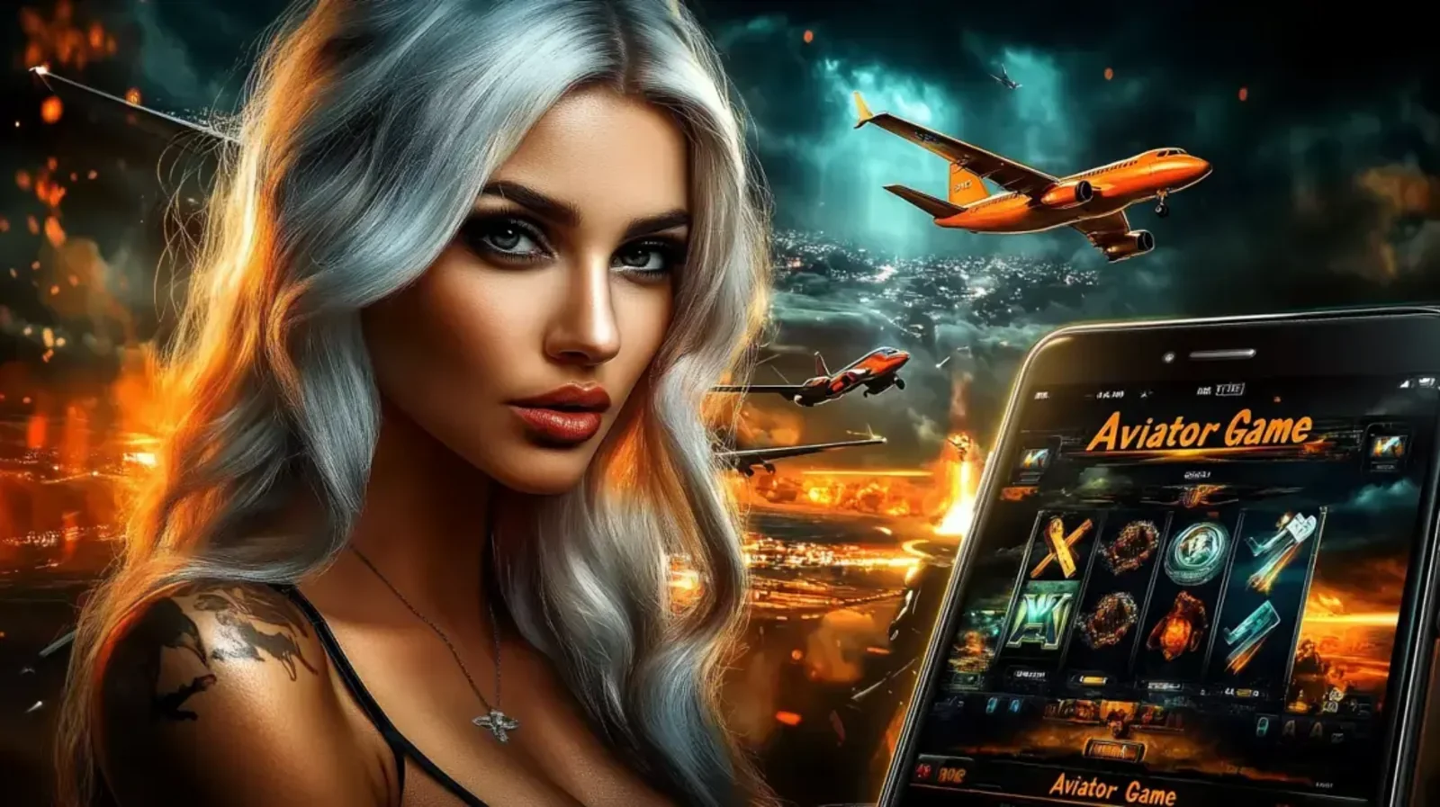 A stunning woman with white hair and a tattoo looks on as a mobile device next to her displays the Aviator game, set against a chaotic background of flying planes and explosions.