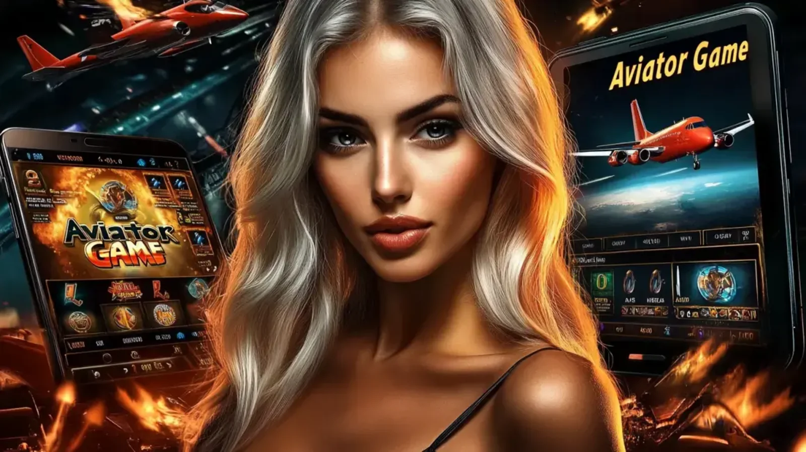 A beautiful woman with long white hair is featured in a promotion for the Aviator game. She is surrounded by two mobile devices displaying the game's interface with airplanes.