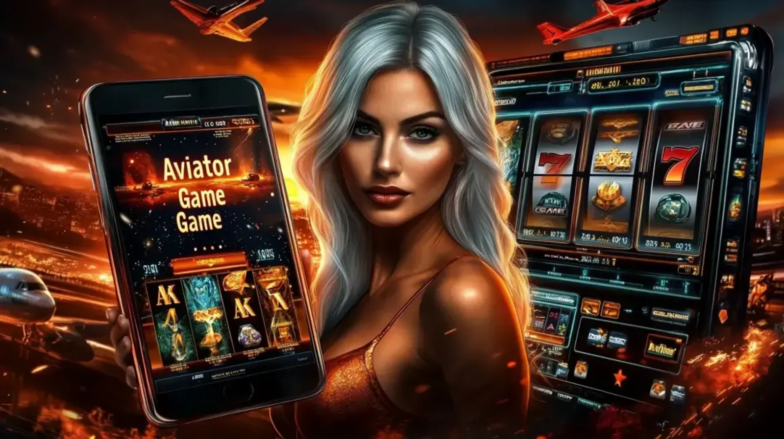 A beautiful woman with white hair holds a smartphone showing the Aviator game app. The background is a dynamic scene of an airport and city at night.
