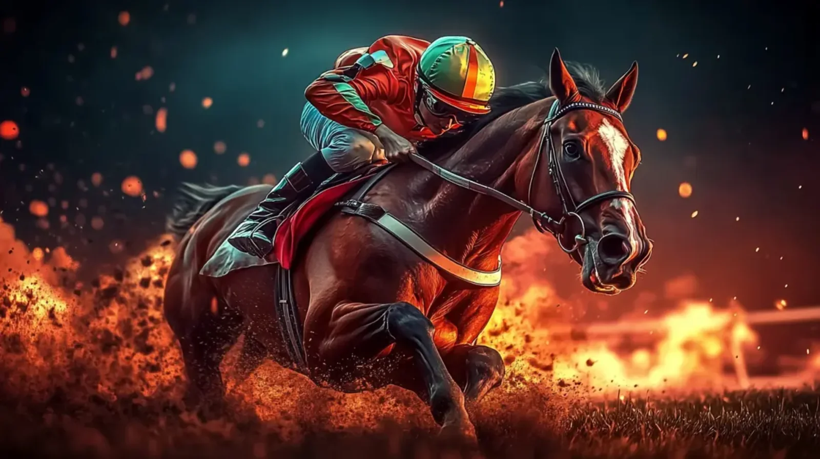 A dramatic, action-packed shot of a jockey riding a powerful horse at full gallop on a racetrack, kicking up fiery embers and dirt.