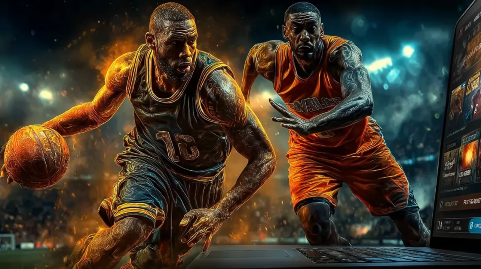 Two professional basketball players are shown in a dynamic, high-energy game next to a laptop displaying a sports betting platform, perfect for live betting.