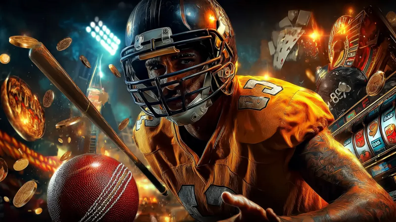 A high-energy promotional collage for sports betting. It features an intense American football player, a cricket ball, a baseball bat, and casino elements like playing cards.