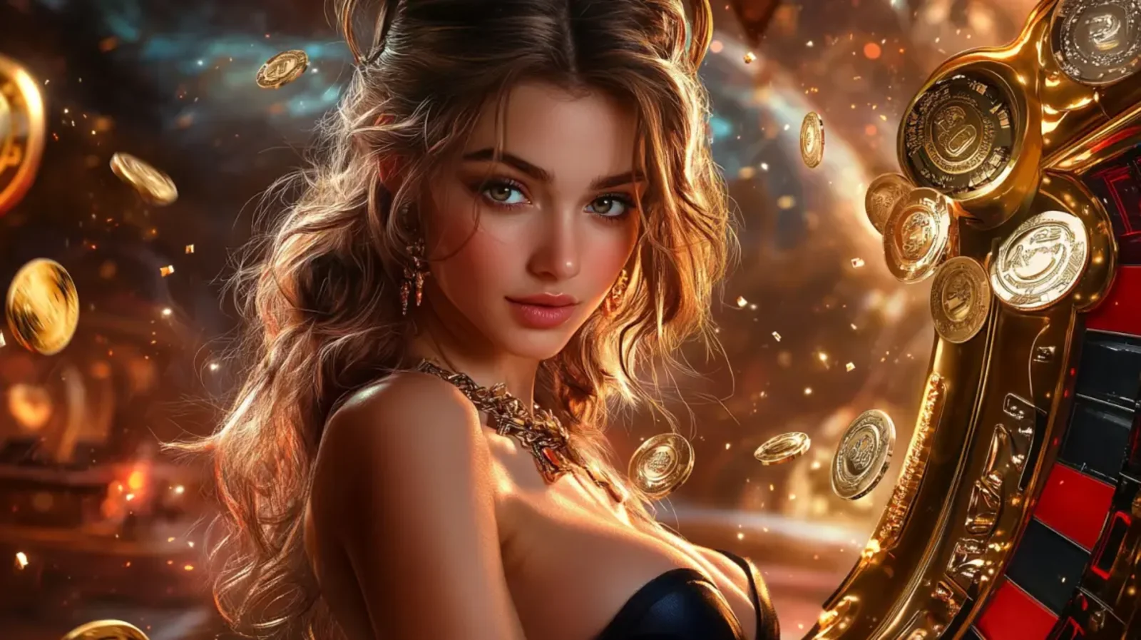 A beautiful, elegant woman with her hair in an updo is pictured in a luxurious casino setting, with a golden roulette wheel and a shower of confetti and coins.