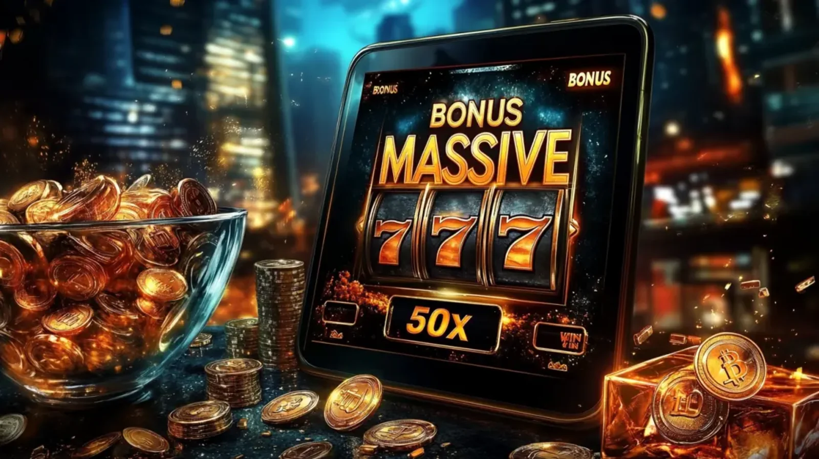 A tablet displays a MASSIVE BONUS win on a 777 slot machine with a 50x multiplier. The scene is filled with gold coins, a bowl of crypto coins, and a bitcoin on a gift box.