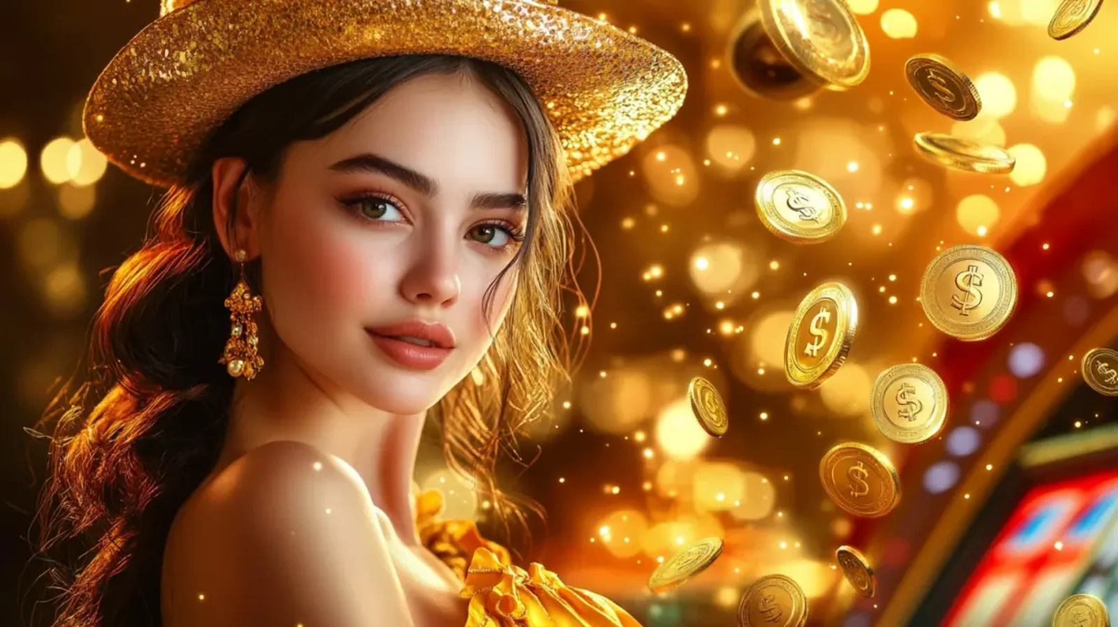 A beautiful woman wearing a sparkly gold cowboy hat looks at the camera while a magical shower of glowing gold dollar coins falls around her in a casino setting.