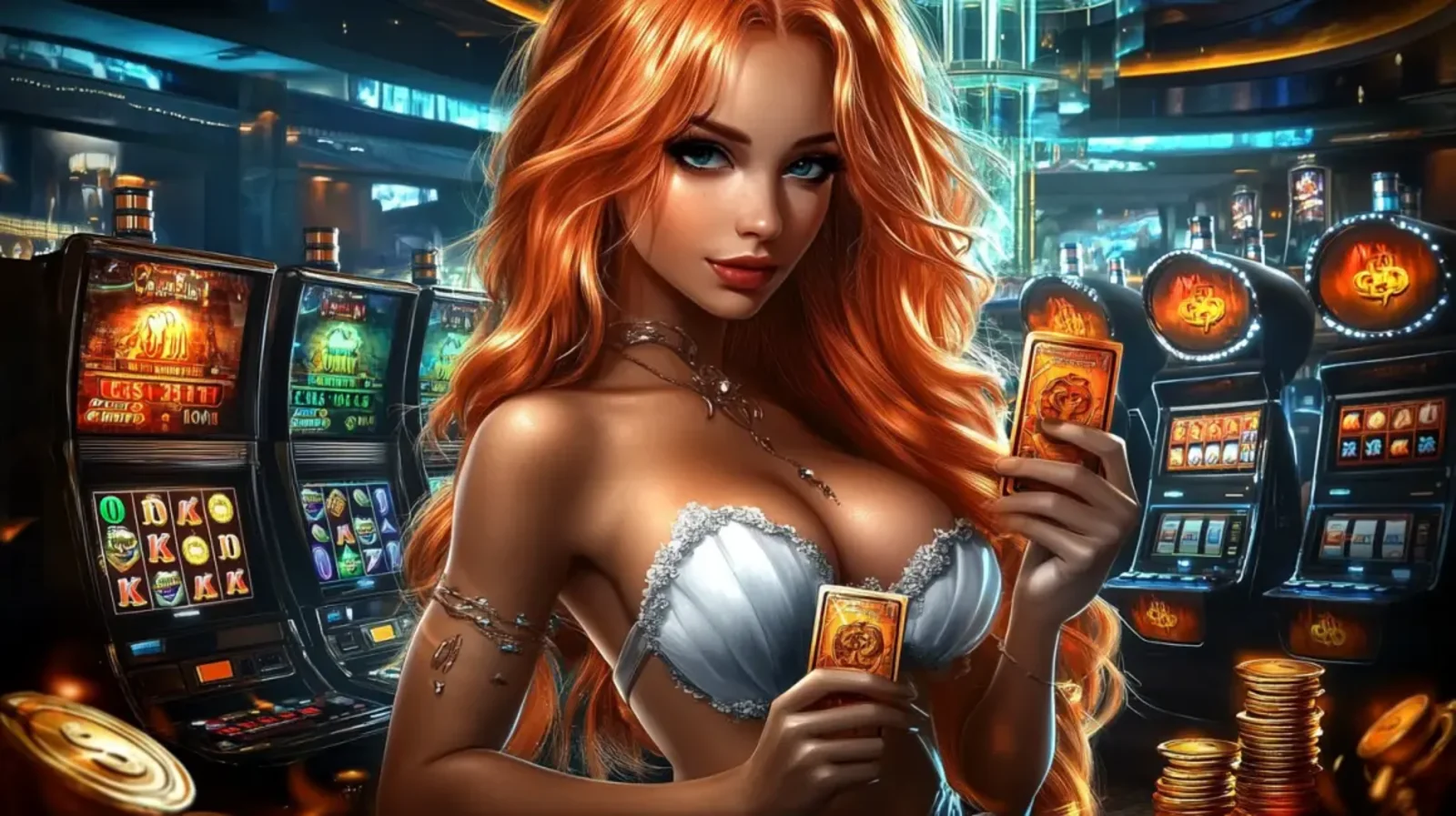 An alluring woman with long, wavy red hair holds two playing cards while standing in a casino filled with brightly lit, colorful slot machines.