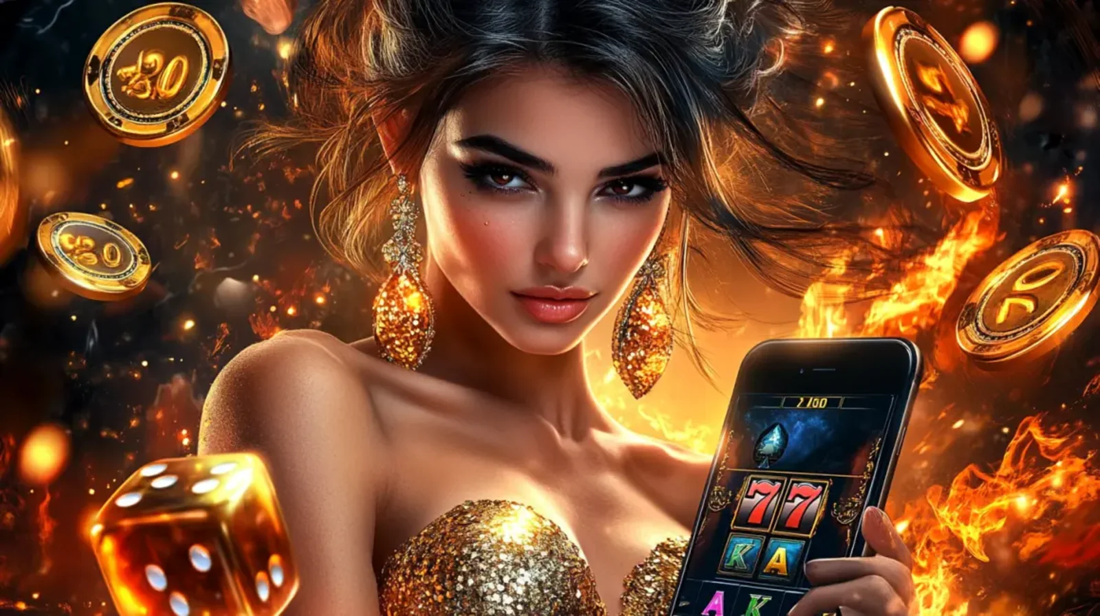 A glamorous woman in a sparkling gold dress holds a smartphone with a 777 slot game on the screen. The scene is filled with fire, golden dice, and floating coins.
