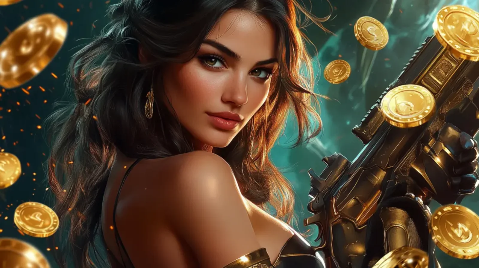 An action-packed scene featuring a beautiful woman holding a large, futuristic gun while gold coins rain down around her, promoting a high-stakes shooter game.