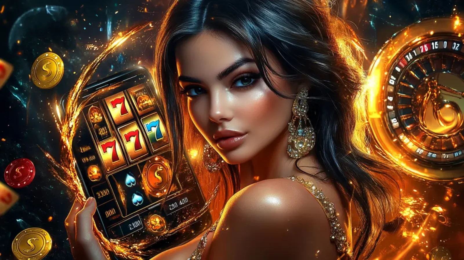 A beautiful, glamorous woman with striking eyes holds a smartphone displaying a 777 slot game. The background is a swirl of golden light, coins, and a roulette wheel.