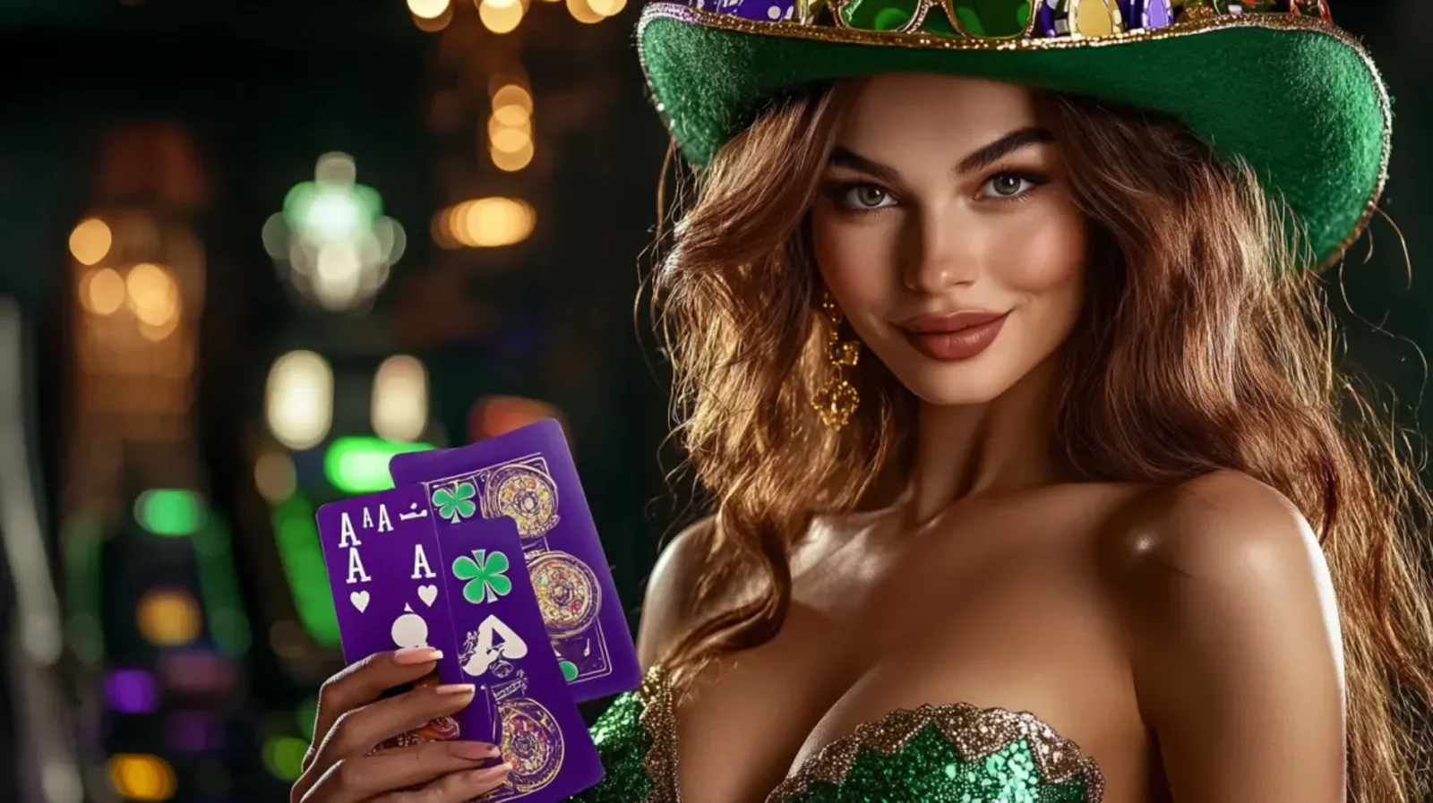 A woman wearing a green leprechaun-style hat and a sparkly outfit smiles while holding a winning hand of four aces. The setting is a softly blurred casino floor.