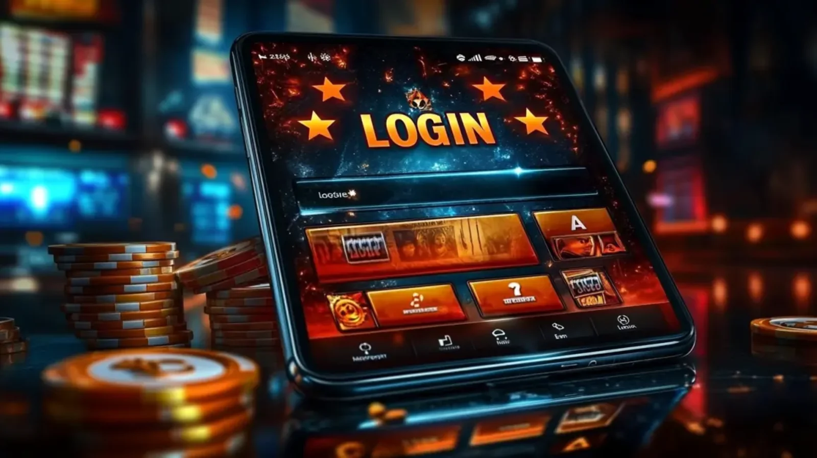 A tablet on a reflective surface shows a gaming app's LOGIN screen and game lobby. The background is a blurred casino setting with stacks of chips in the foreground.