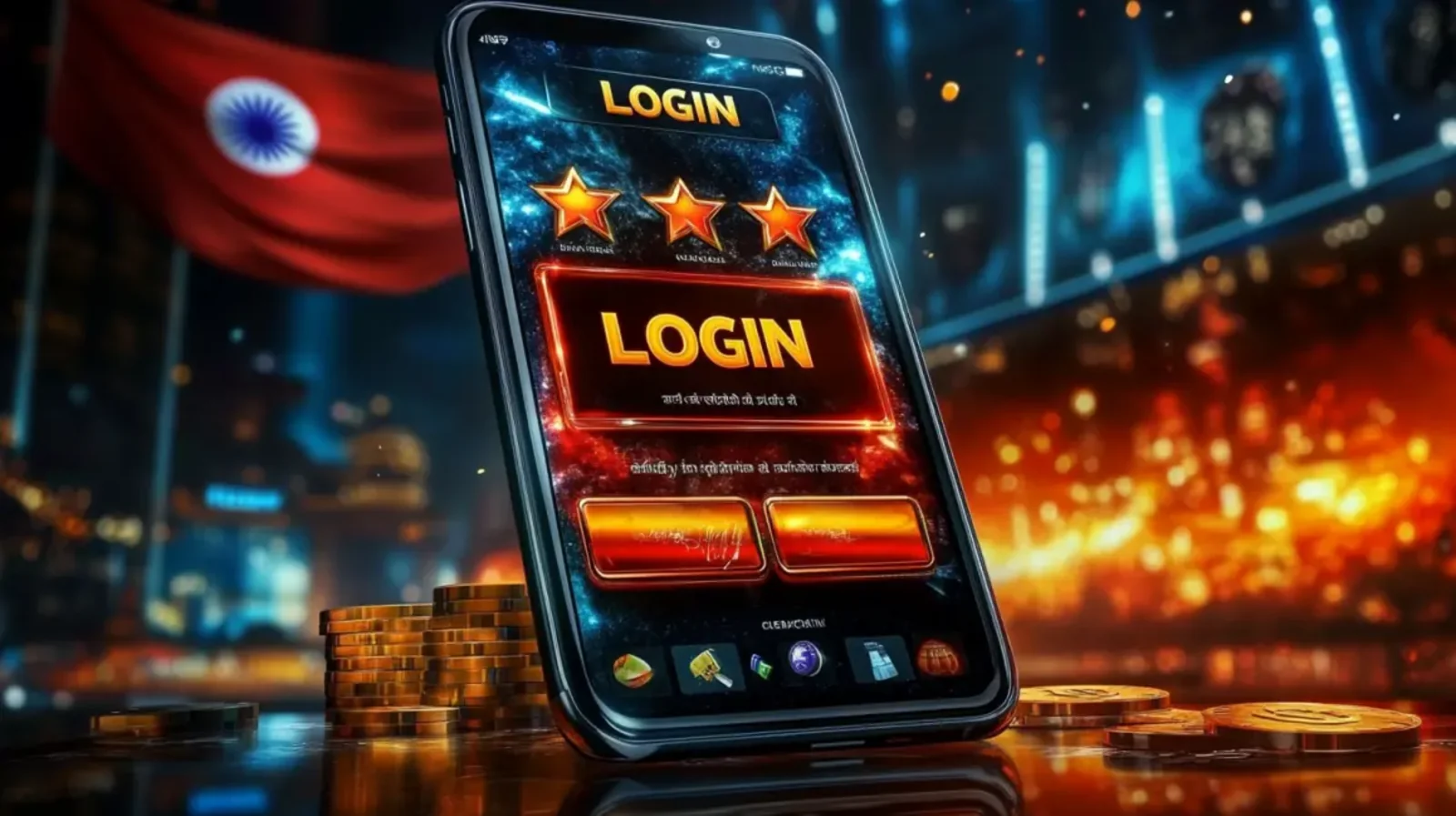 A smartphone displays a fiery, high-energy LOGIN screen for a gaming app. In the background, there are stacks of gold coins and the flag of India.