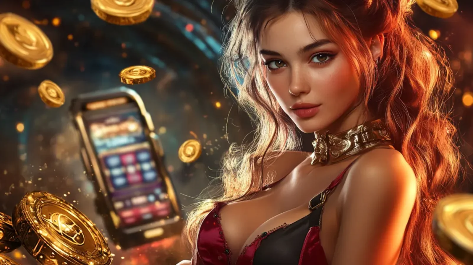 A beautiful woman with reddish hair and a stylish outfit is surrounded by a shower of gold coins, with a mobile casino game screen visible in the background.