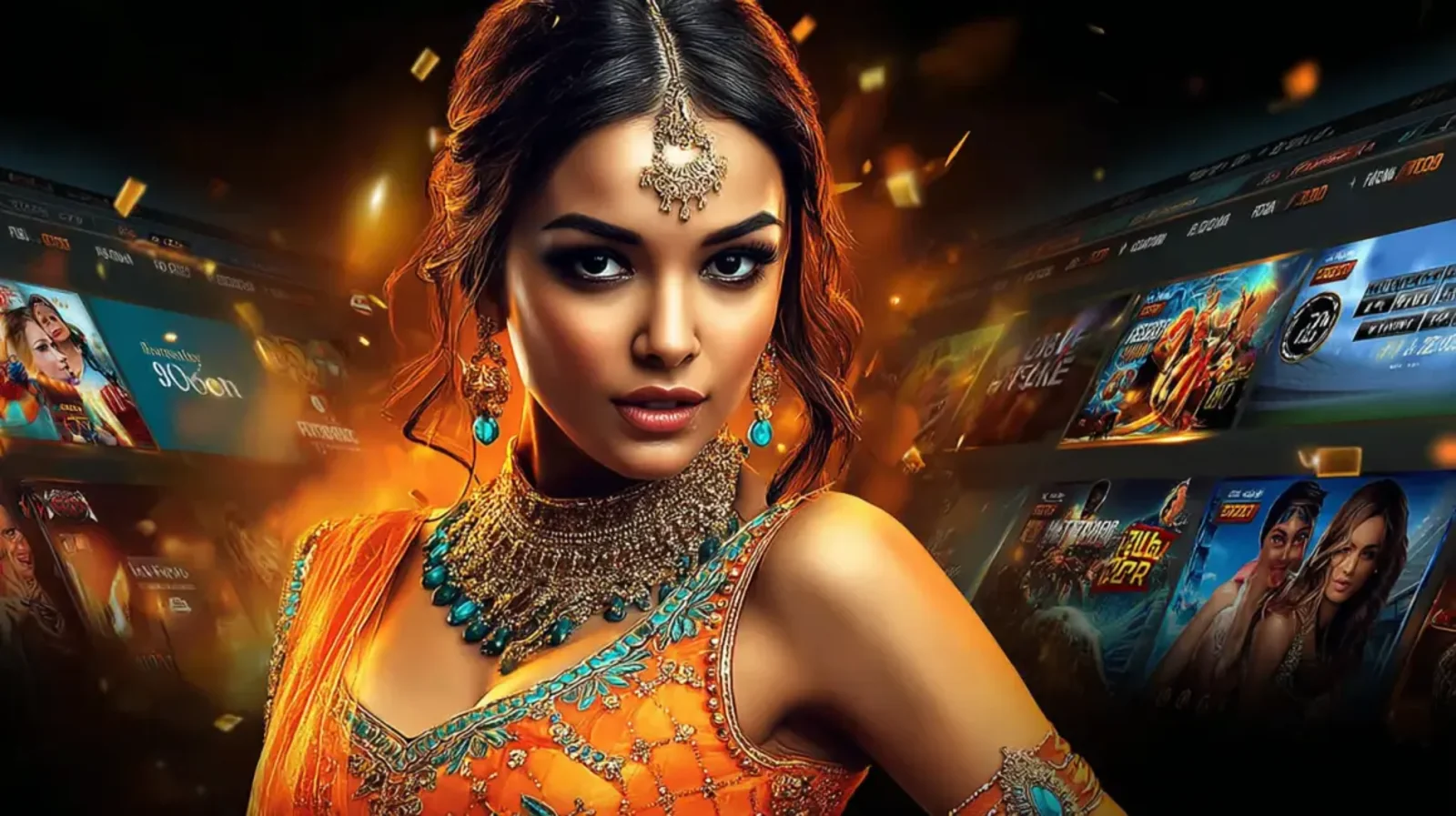 An elegant woman dressed in a beautiful orange and turquoise sari and traditional Indian jewelry stands in front of a background showcasing a vast library of online games.