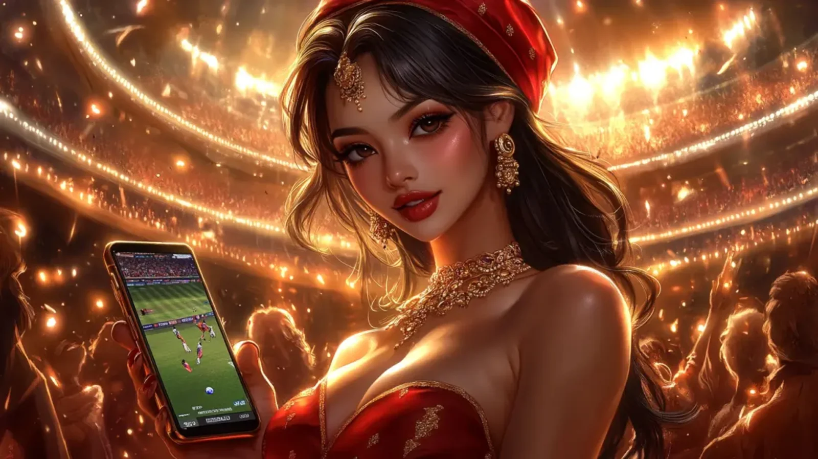 A beautiful woman in traditional Indian attire and jewelry smiles while holding a smartphone. The phone displays a live football match, set against the backdrop of a packed stadium.