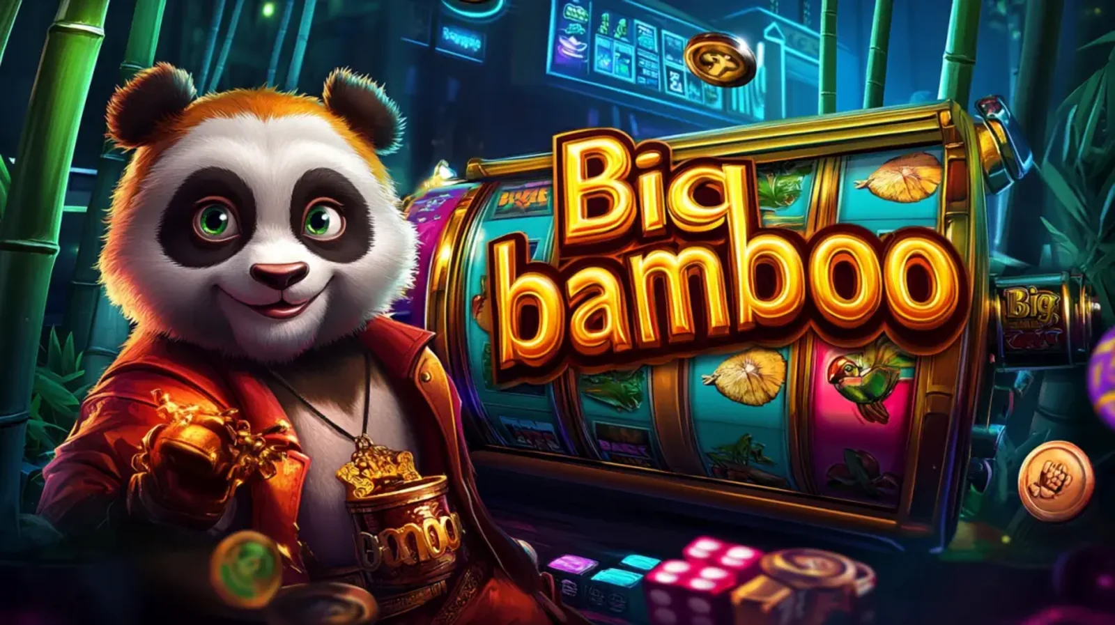 A cute and friendly panda character in a red jacket stands next to a Big Bamboo slot machine in a lush, neon-lit bamboo forest setting.