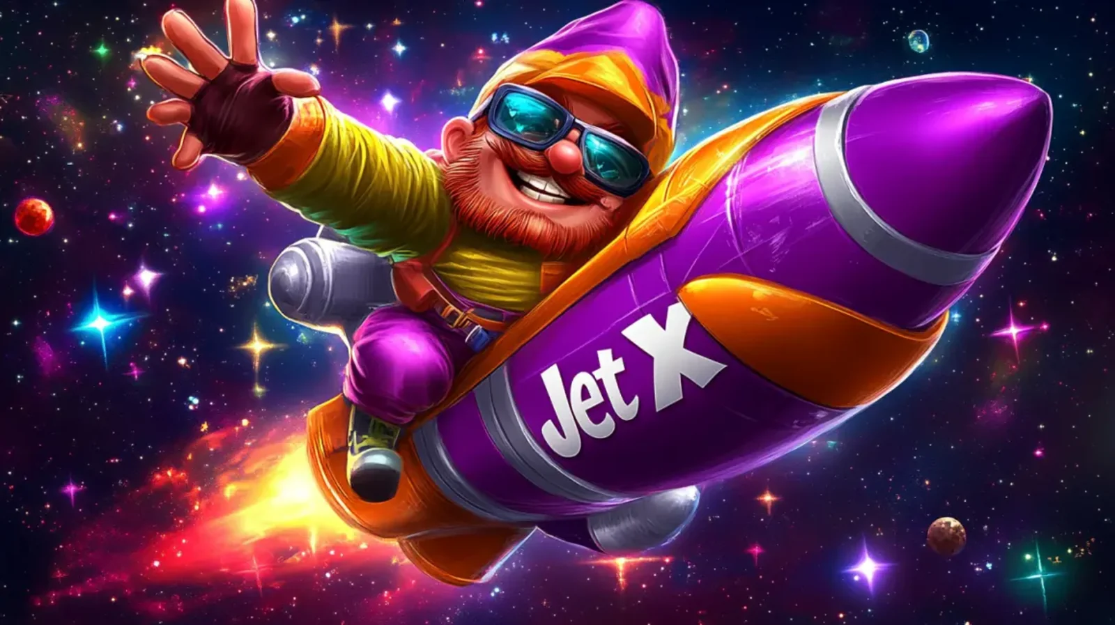 The fun and energetic mascot of the JetX crash game, a gnome with sunglasses, rides a purple rocket through a colorful, star-filled galaxy.