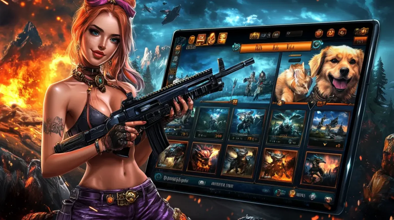 A tough, stylish woman holds an assault rifle while standing next to a tablet displaying a fantasy game's character selection screen, set against a fiery, post-apocalyptic backdrop.